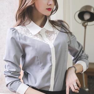 Blouse floral blue collar button lace top women